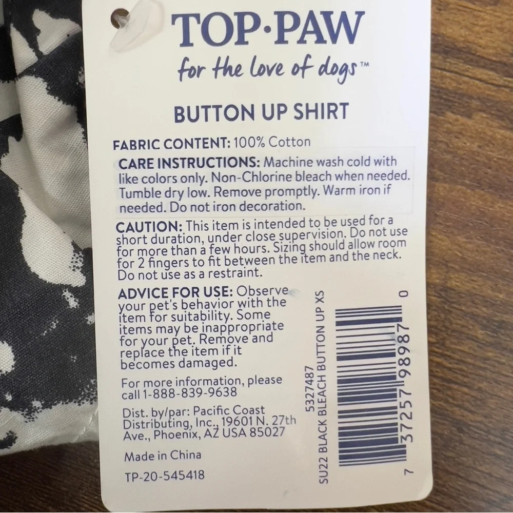 Top Paw Dog Size X-Small Button Up Shirt Black Bleach Button Up Black & White